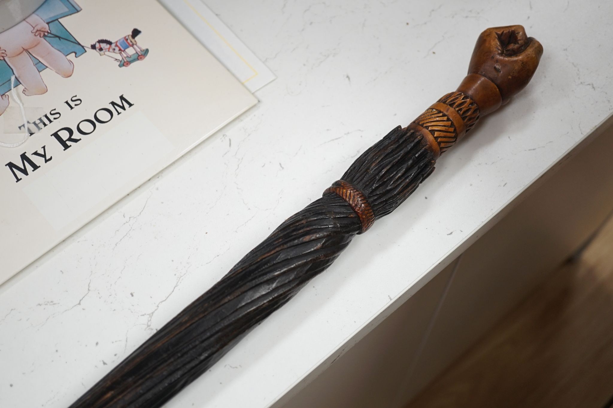 A Victorian carved wood walking cane modelled as a parasol 86cm